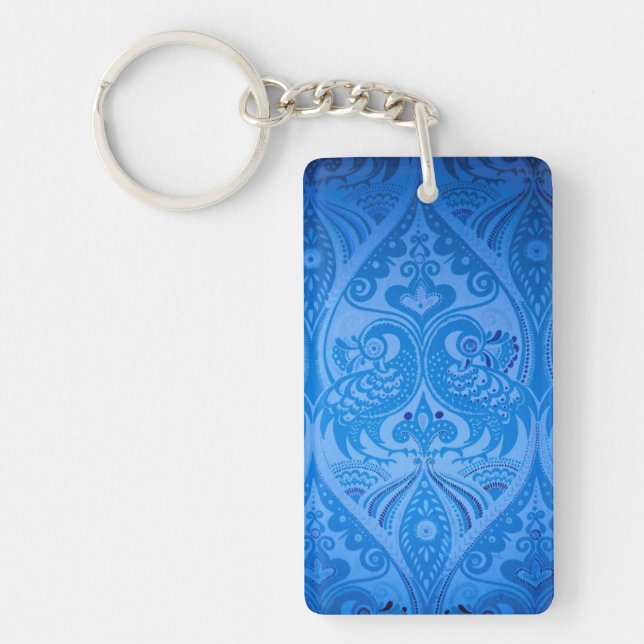Blue Oriental Peacock Birds Key Ring (Front)