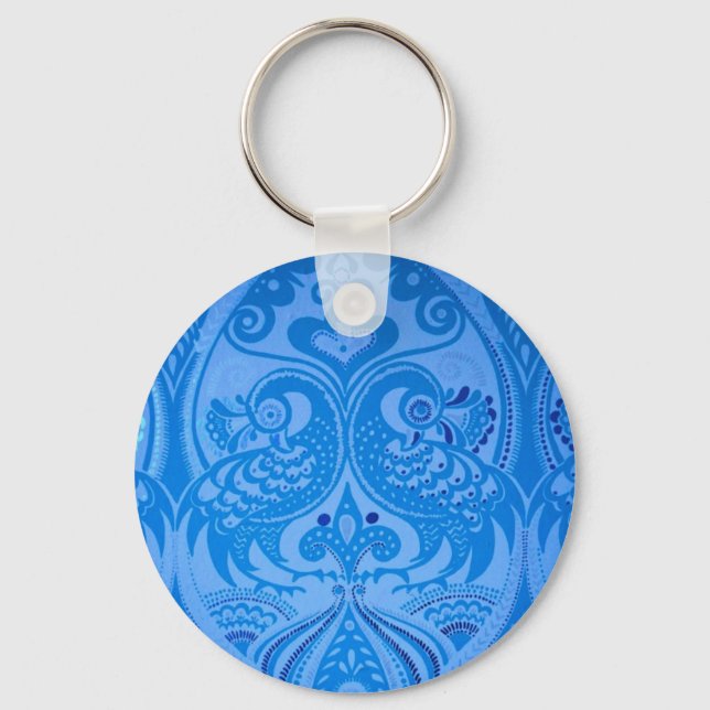 Blue Oriental Peacock Birds Key Ring (Front)