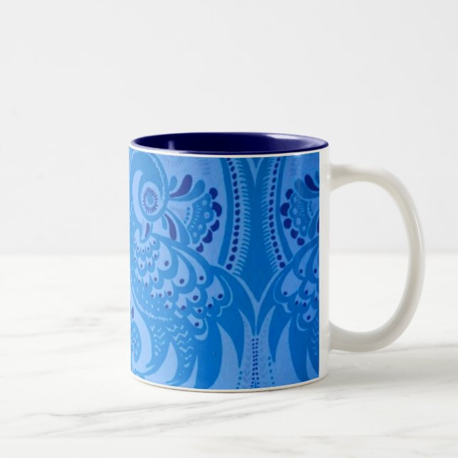 Blue Oriental Peacock Birds Two-Tone Coffee Mug (Right)