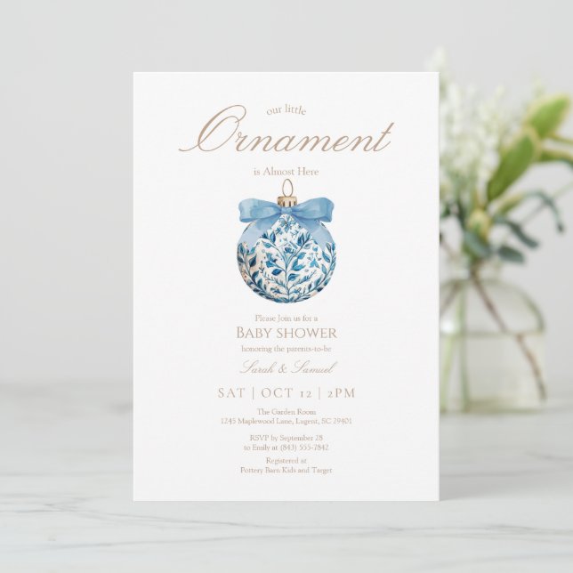 Blue Ornament Baby Shower Invitation  (Standing Front)