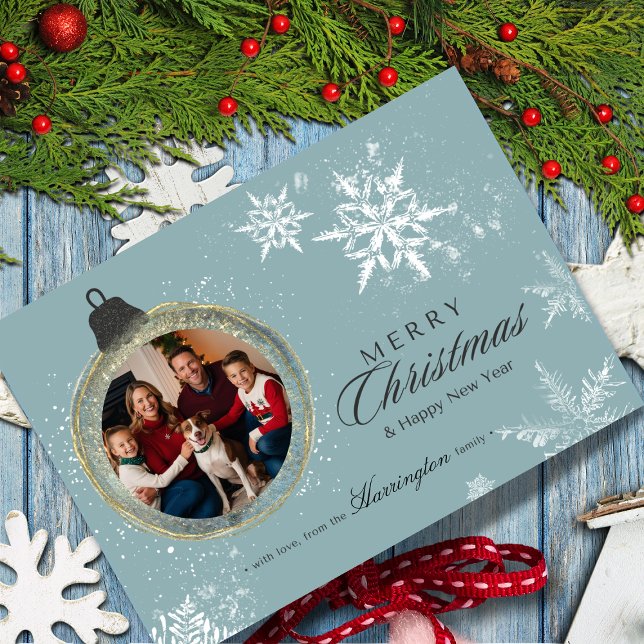Blue Ornament Family Christmas Photo Snowflake Holiday Card (Creator Uploaded)
