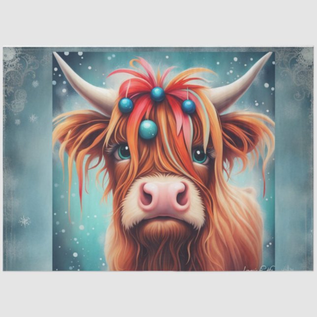 Blue Ornament Highland Cow Decoupage Paper  (Front)