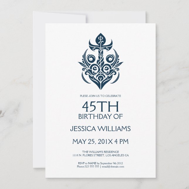 Blue Ornamental Boat Anchor Birthday Party Invite (Front)