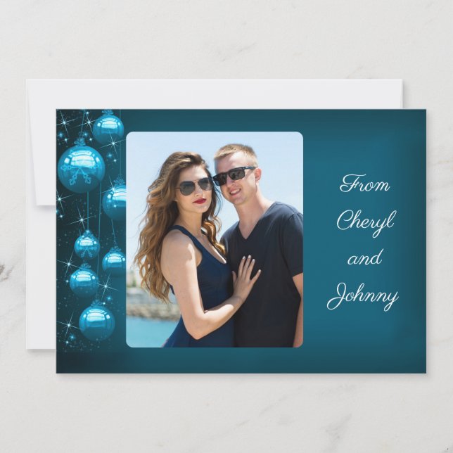 Blue Ornaments vertical Photo personal message Holiday Card (Front)