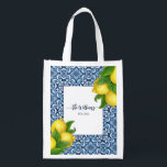 Blue ornate Amalfi Italian tiles and lemons Reusable Grocery Bag<br><div class="desc">Blue ornate Amalfi Italian tiles and lemons with a name grocery bag. Can be a personalised gift for any occasion as a wedding,  anniversary,  new house,  or a birthday party.</div>