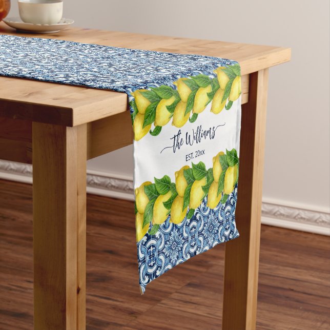 Blue ornate Amalfi Italian tiles and lemons Short Table Runner (In Situ)