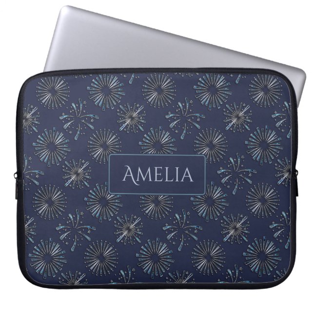 Blue Ornate Firework Pattern Personalised Elegant Laptop Sleeve (Front)