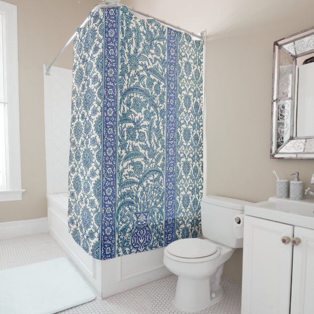 Blue Ornate Floral Arabic Pattern Shower Curtain (In Situ)