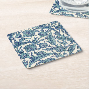 Blue Ornate Floral Arabic Pattern Square Paper Coaster