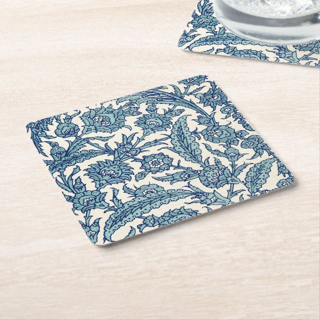 Blue Ornate Floral Arabic Pattern Square Paper Coaster (Angled)