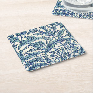Blue Ornate Floral Arabic Pattern Square Paper Coaster