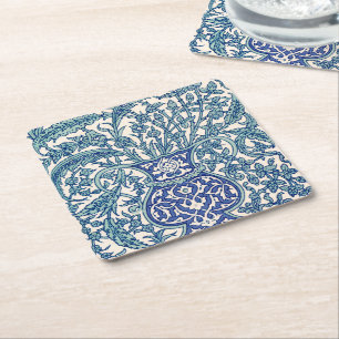Blue Ornate Floral Arabic Pattern Square Paper Coaster