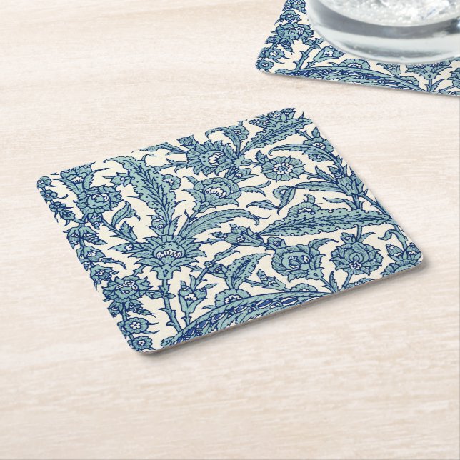 Blue Ornate Floral Arabic Pattern Square Paper Coaster (Angled)