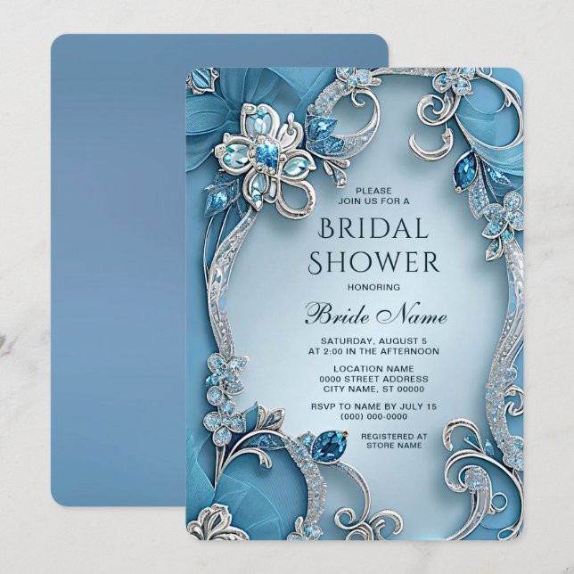 Blue Ornate Floral Bridal Shower Invitation (Front/Back)