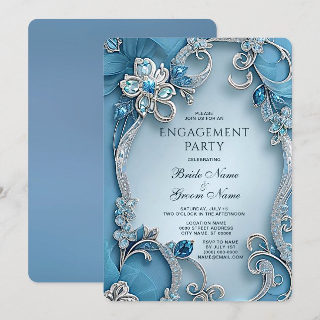 Blue Ornate Floral Engagement Invitation (Front/Back)
