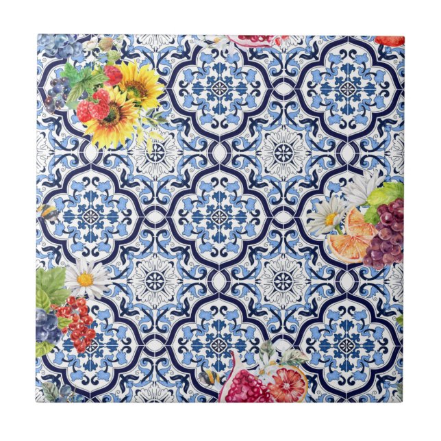 Blue Ornate Floral Fruity Berries Sicilian Tiles (Front)