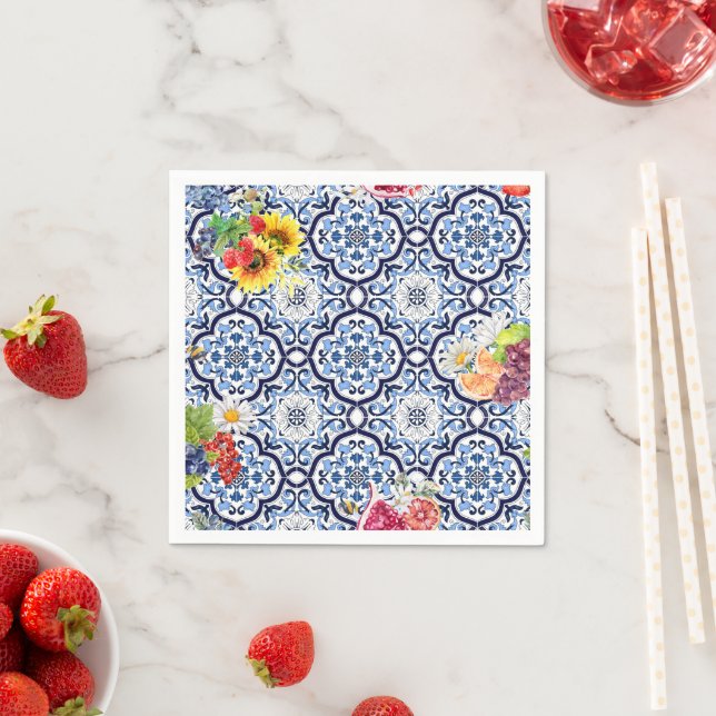 Blue Ornate Floral Fruity Berries Sicilian Tiles Napkin (Insitu)