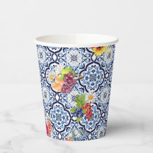 Blue Ornate Floral Fruity Berries Sicilian Tiles Paper Cups