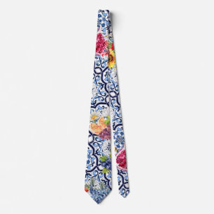 Blue Ornate Floral Fruity Berries Sicilian Tiles Tie