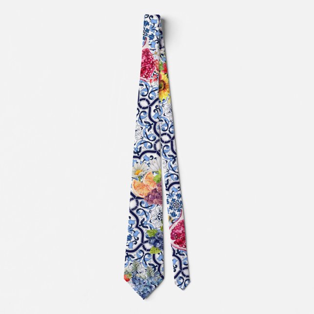 Blue Ornate Floral Fruity Berries Sicilian Tiles Tie (Front)
