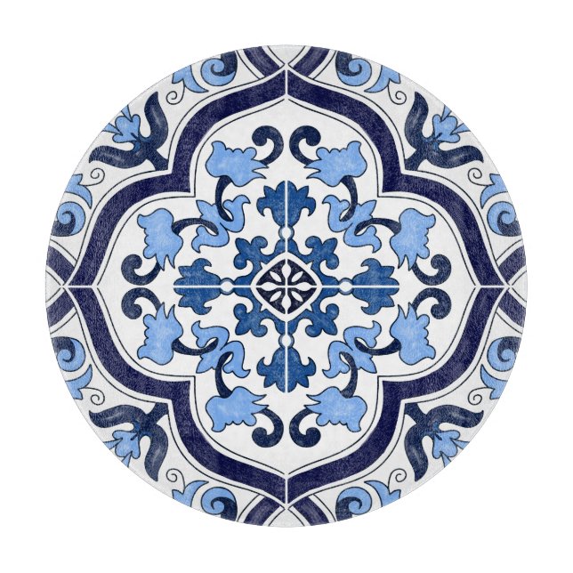 Blue Ornate Floral Mediterranean Sicilian Tile Cutting Board (Front)