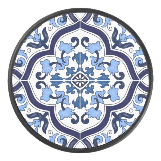 Blue Ornate Floral Mediterranean Sicilian Tile Hockey Puck (Front)