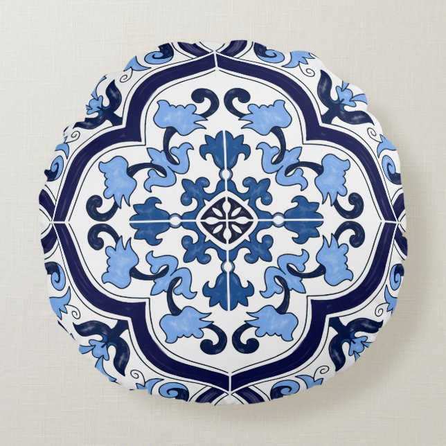 Blue Ornate Floral Mediterranean Sicilian Tile Round Cushion (Front)