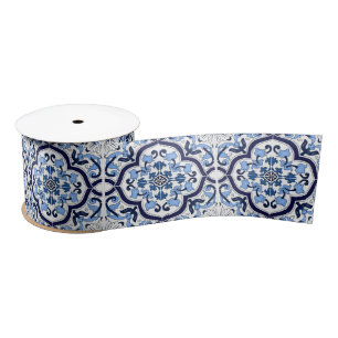  Blue Ornate Floral Mediterranean Sicilian Tile Satin Ribbon