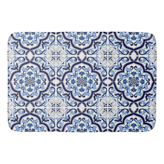  Blue Ornate Floral Mediterranean Sicilian Tile Sh Bath Mat (Front)