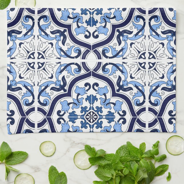  Blue Ornate Floral Mediterranean Sicilian Tile Sh Tea Towel (Folded)