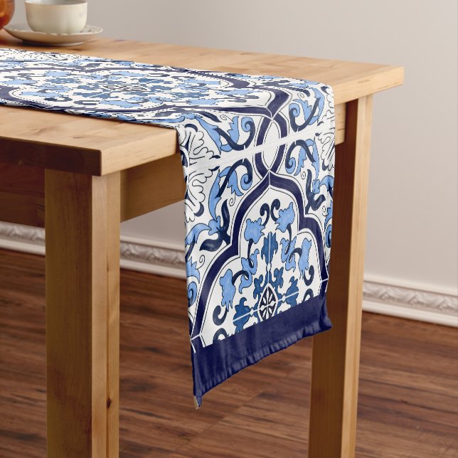  Blue Ornate Floral Mediterranean Sicilian Tile Short Table Runner (In Situ)