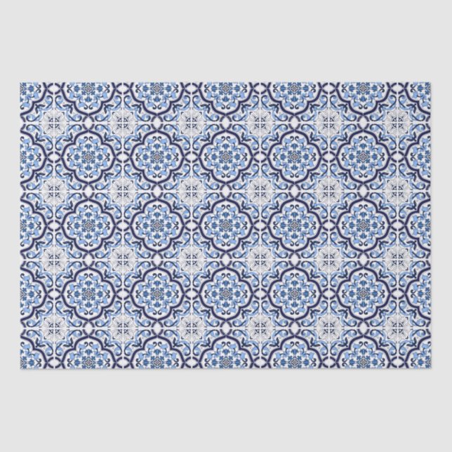  Blue Ornate Floral Mediterranean Sicilian Tile Tissue Paper (Front)