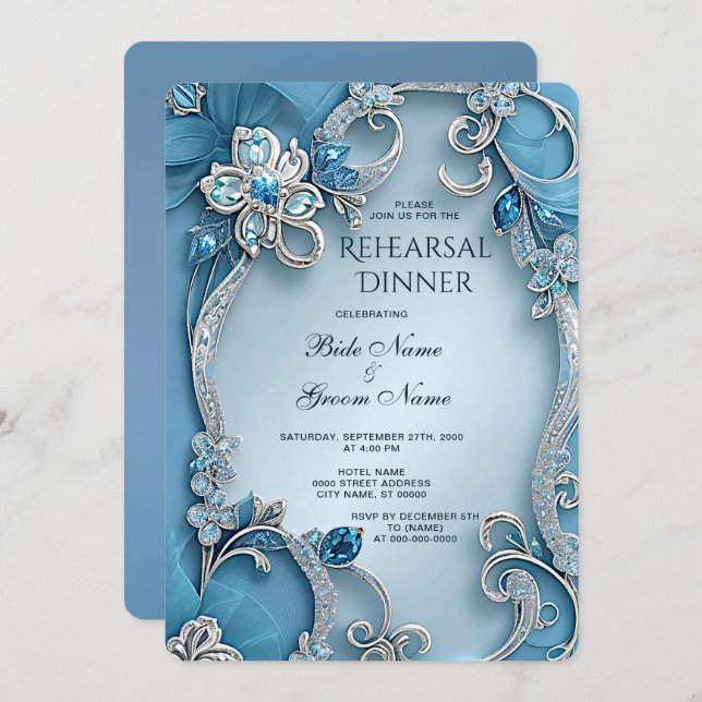 Blue Ornate Floral Rehearsal Dinner Invitation (Front/Back)
