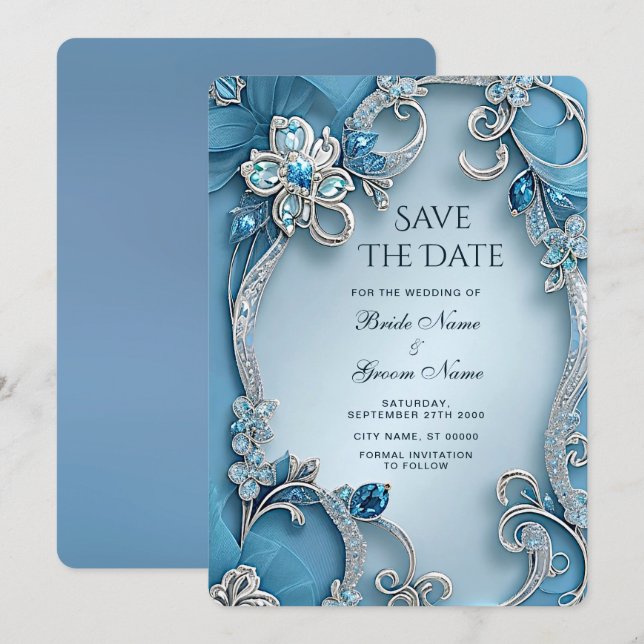 Blue Ornate Floral Save The Date (Front/Back)