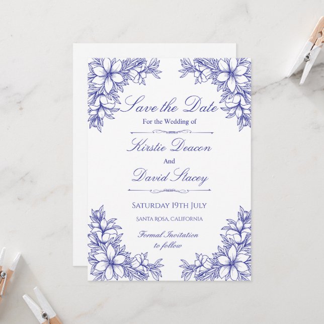 Blue Ornate Floral Wedding Invitation  (Front/Back In Situ)