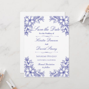 Blue Ornate Floral Wedding Invitation 