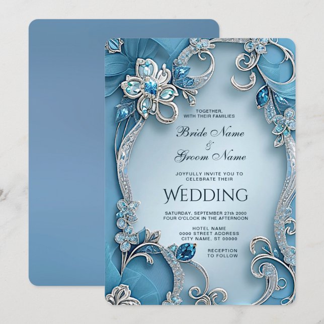 Blue Ornate Floral Wedding Invitation (Front/Back)