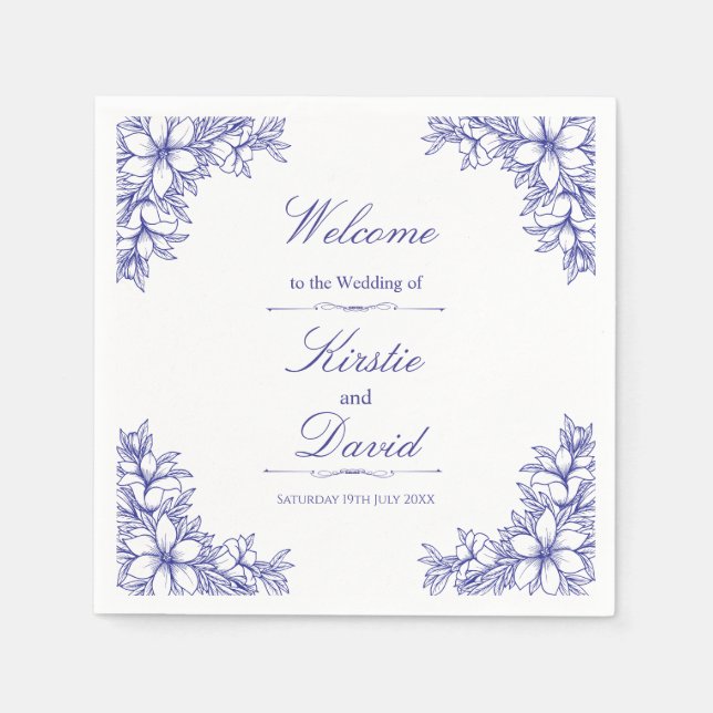 Blue Ornate Floral Wedding Napkin (Front)