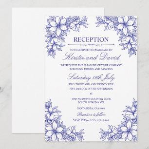 Blue Ornate Floral Wedding Reception Invitation