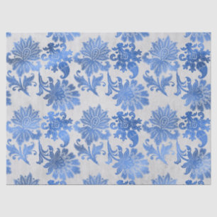 Blue Ornate Flowers on White Decoupage Tissue Paper