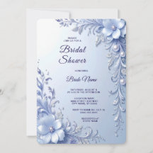 Blue Ornate Flowers with Pearls Bridal Shower Invi