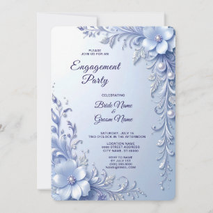 Blue Ornate Flowers with Pearls Engagement Invitation