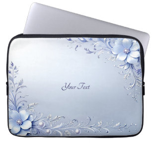 Blue Ornate Flowers with Pearls Laptop Sleeve