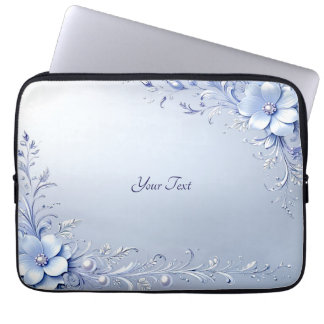 Blue Ornate Flowers with Pearls Laptop Sleeve