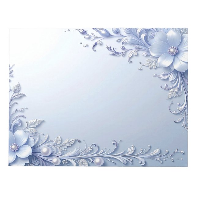 Blue Ornate Flowers with Pearls Notepad (Front)