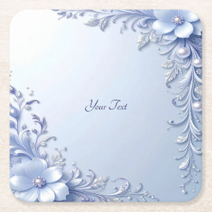 Blue Ornate Flowers with Pearls Paper Coaster