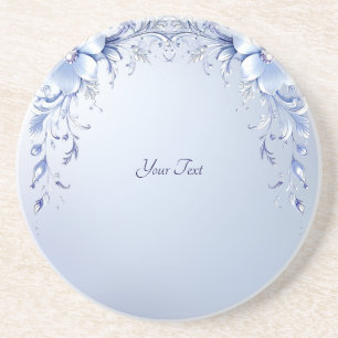 Blue Ornate Flowers with Pearls Sandstone Coaster