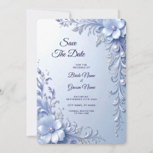 Blue Ornate Flowers with Pearls Save The Date