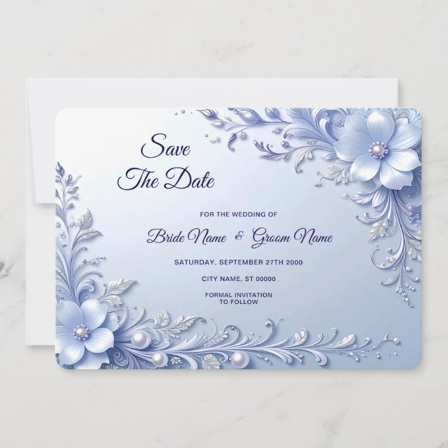 Blue Ornate Flowers with Pearls Save The Date (Front)