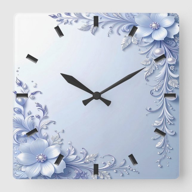 Blue Ornate Flowers with Pearls Wall Clock (Front)